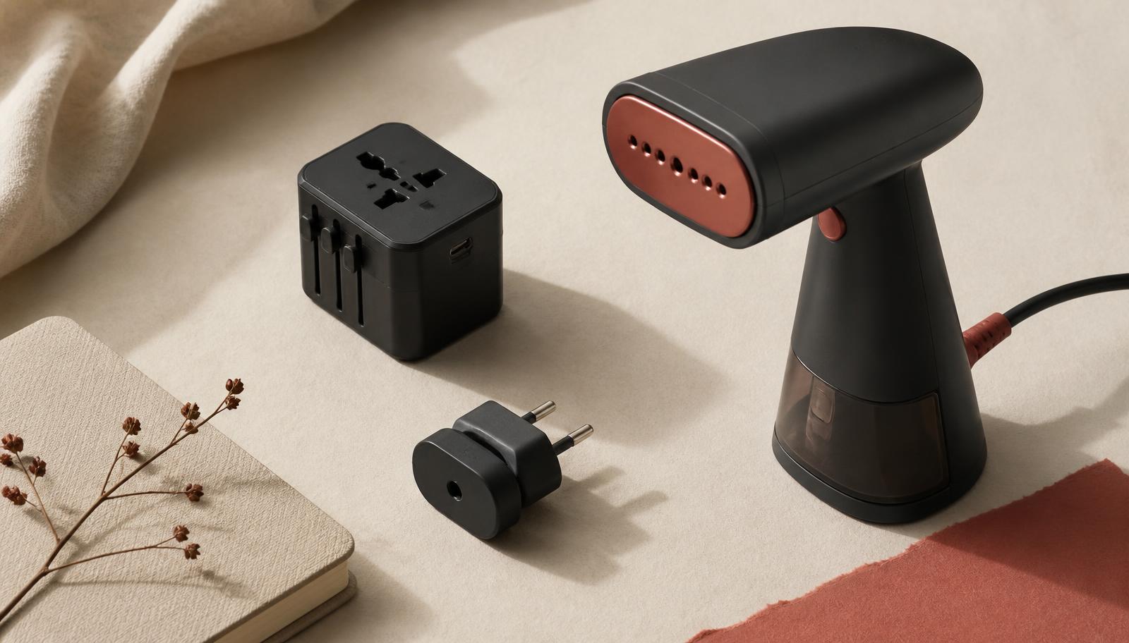 A universal travel adapter, plug, and handheld steamer arranged on a paper background