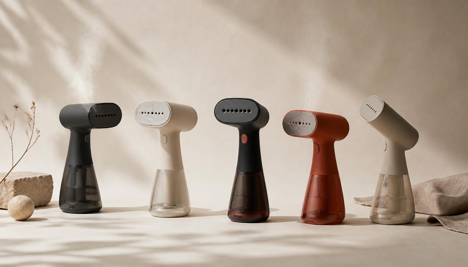 A row of compact handheld garment steamers on a warm paper background