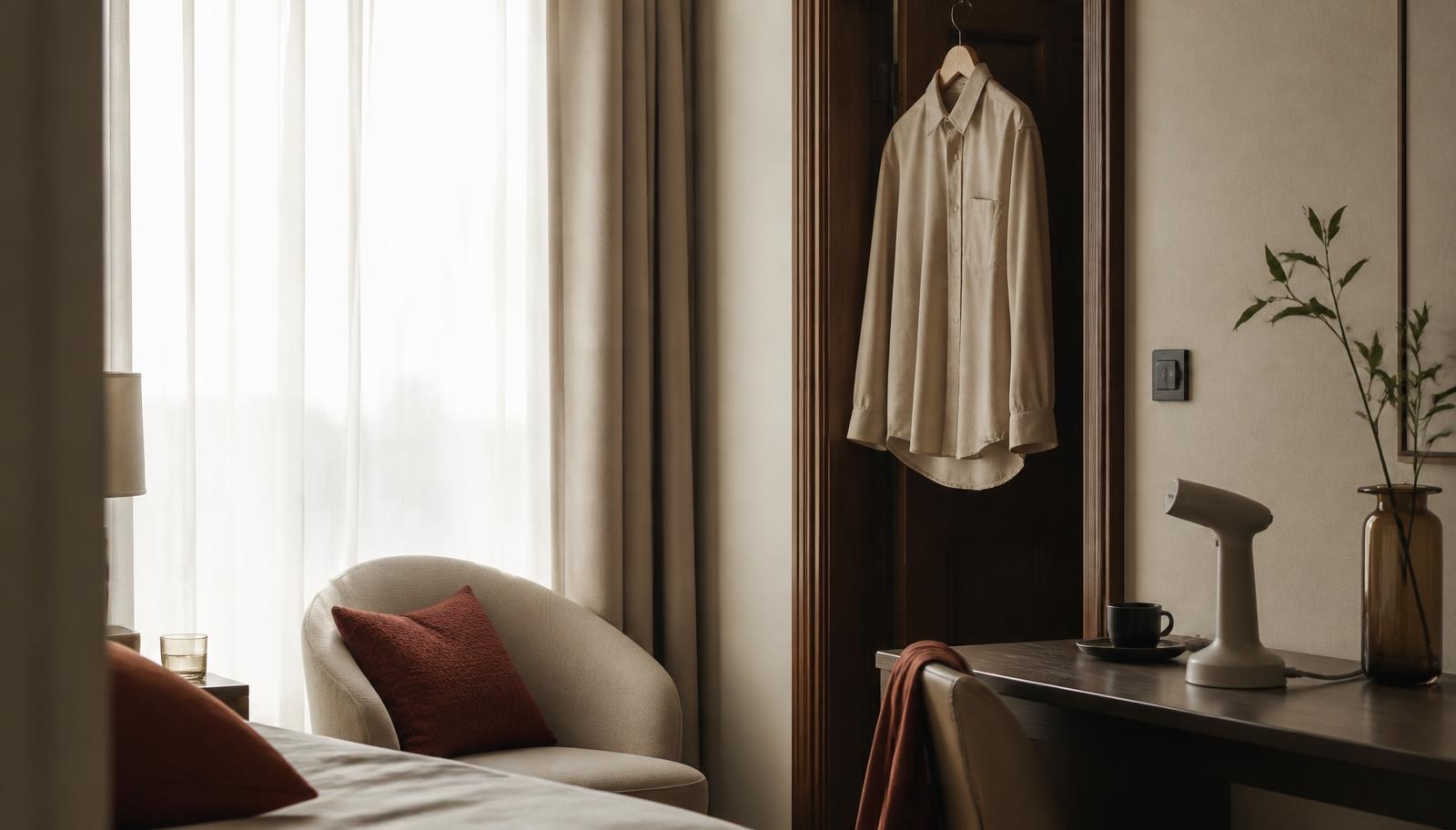 A hotel room with a shirt hanging on the wardrobe door and a steamer on the desk