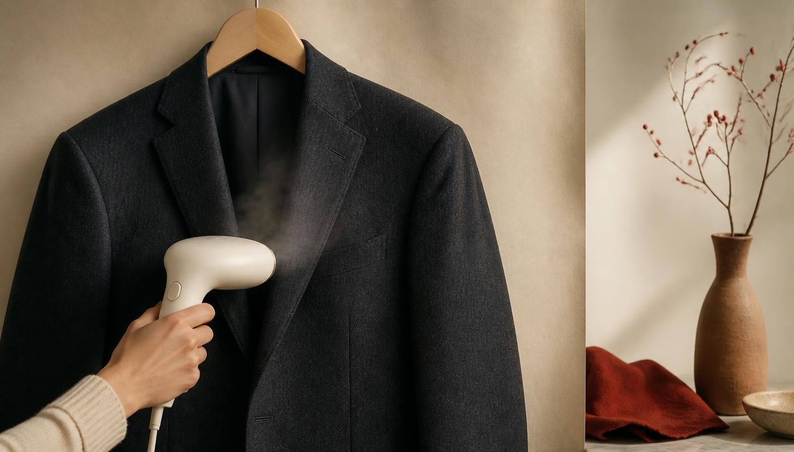 A handheld steamer releasing steam near the lapel of a charcoal suit jacket