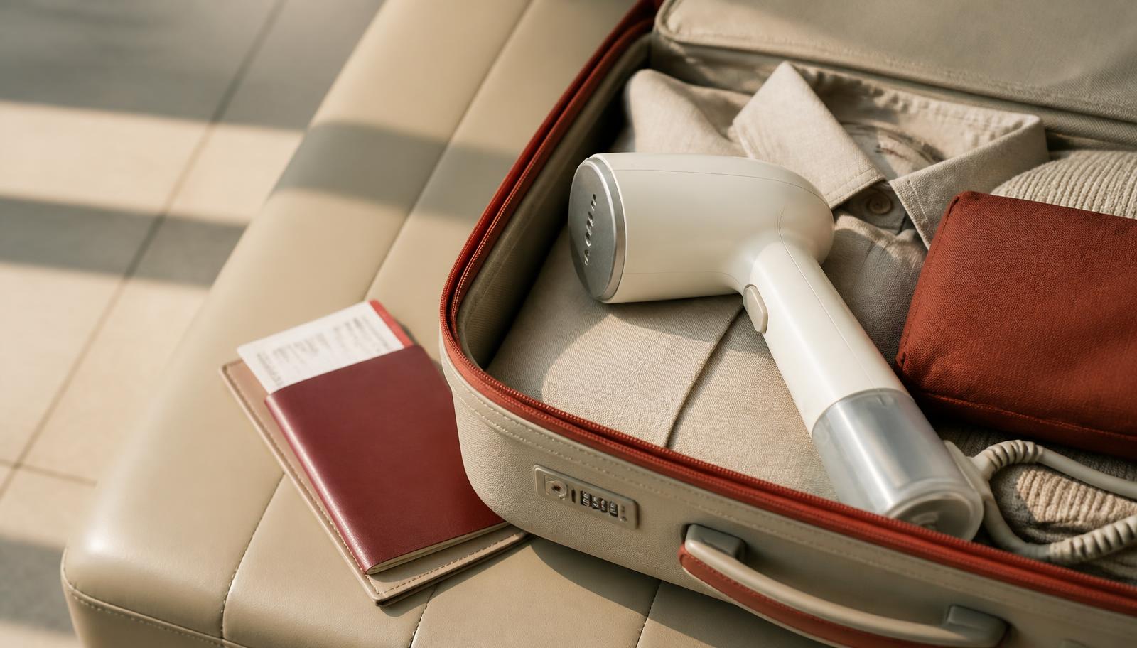 A handheld steamer packed in a carry-on bag next to a passport at an airport