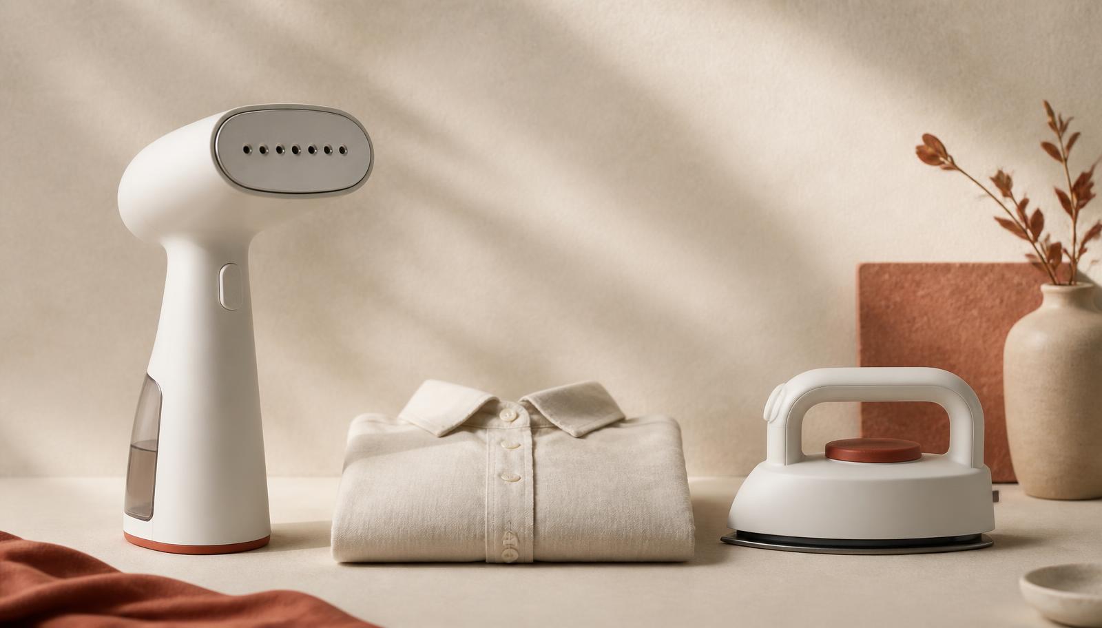 A handheld garment steamer and a small travel iron side by side with a folded shirt